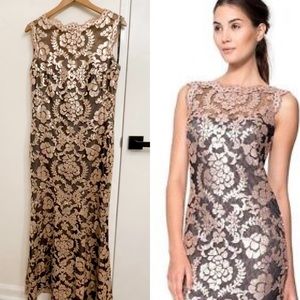Tadashi Shoji black gold illusion sequins gown size 12